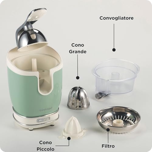 Ariete Espremedor de frutas cítricas elétrico com design vintage e alavanca de pressão, corpo de metal, 2 cones para frutas grandes e pequenas e bico de gotejamento 413/04 verde - Imagem 4