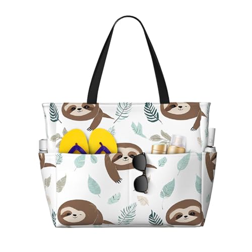 (Cute on yellow lemons) Large Beach Tote Bag for Women Waterproof Sandproof Travel Shoulder Bag with Pocket for Pool Vacation Weekend Gym