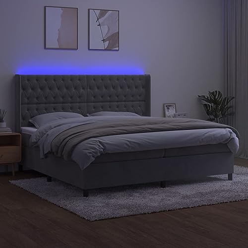 Doppelbett Familienbett,Boxspringbett mit Matratze & LED Hellgrau 200x200 cm Samt,Tagesbett für Schlafzimmer Kinderzimmer – Bild 5
