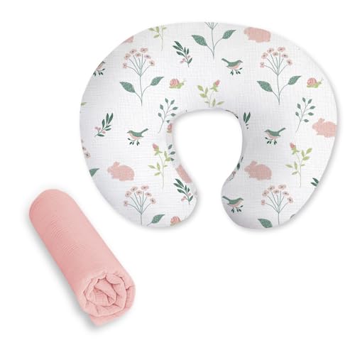 Image of Little Grape Land Nursing Pillow Covers 2 Pack for Baby, Soft 100% Cotton Covers for Breastfeeding Pillows, Breathable Muslin Pink Rabbit Nursing Pillow Cases Fit Standard Nursing Pillows
