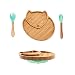 Mamimami Home 3PCS Kinderteller mit Saugnapf Set aus Bambus Saugnapf-Schüssel Süßer Fuchs Babyteller Rutschfest inkl. Löffel und Gabel Anti-Kipp Fütter-Schüssel für Frühkindliche zum Essen lernen