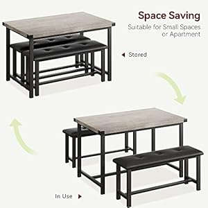 Alkmaar Kitchen Table Set with 2 Benches, Dining Table Set for 4 with Upholstered Benches, Farmhouse Dining Room Table Set Metal Wood Rectangular Dining Table for Small Space, Apartment, Retro Gray Alkmaar Kitchen Table Set with 2 Benches Dining Table Set for 4 with Upholstered Benches Farmhouse Dining Room Table Set Metal Wood Rectangular Dining Table for Small Space Apartment Retro Gray