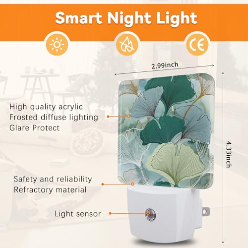 Image of Green Ginkgo Leaves Dusk to Dawn Night Light, Auto Sensor Lamp Home Indoor Stairway Kitchen Corridor, Night Lights Plug into Wall Decor, Boys Girls Women Men Room Gifts