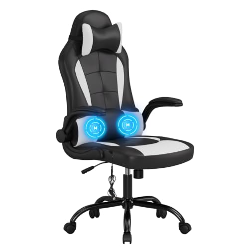 Massage Gaming Chair Office Chair Ergonomic PU Leather Desk Chair with Lumbar Support, Headrest, Flip-Up Armrests, and Swivel Rolling Base, Ideal for Women Adults, White
