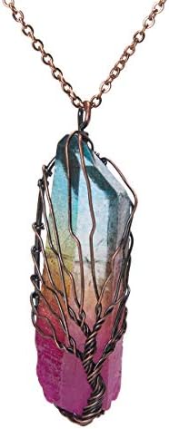 Bivei Tree of Life Copper Wire Wrapped Natural Quartz Necklace Reiki Healing Crystal Point Chakra Pendant Jewelry Gift for Women(Bronze Titanium Coated Multi Color #1
