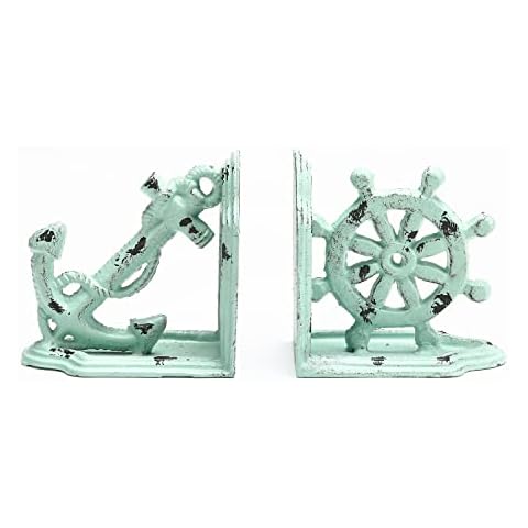 Phaxth Anchor and Wheel Decorative Bookends, 2 Pack Book Ends, Distressed Blue Cover
