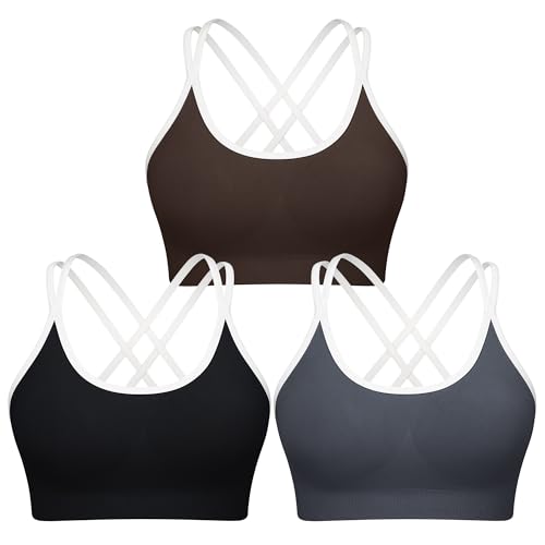 Image of WOYYHO Cross Back Sports Bra for Women Padded Medium Support Workout Bra | 3 Pack, Strappy, Removable Pads, Soft, Spaghetti Strap, Moisture-Wicking, Seamless, for Athletic Yoga Gym Fitness Daily