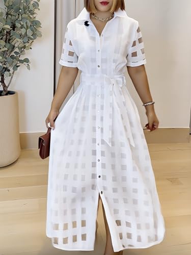 CHICME Elegant Turn Down Collar Plaid Mesh Double Layered Cinched Waist 2025 A Line Shirt Maxi Dress2