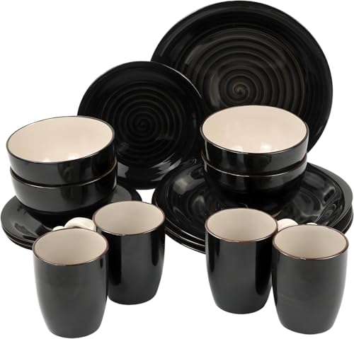 PRADICHI 16 Piece Dinnerware Set for 4 – Round Kitchen Dinner Set with Dinner Plates, Dessert Plates, Cereal Bowls & Mugs – Teal Blue & White Tableware Combination Set (Dark Black & White)