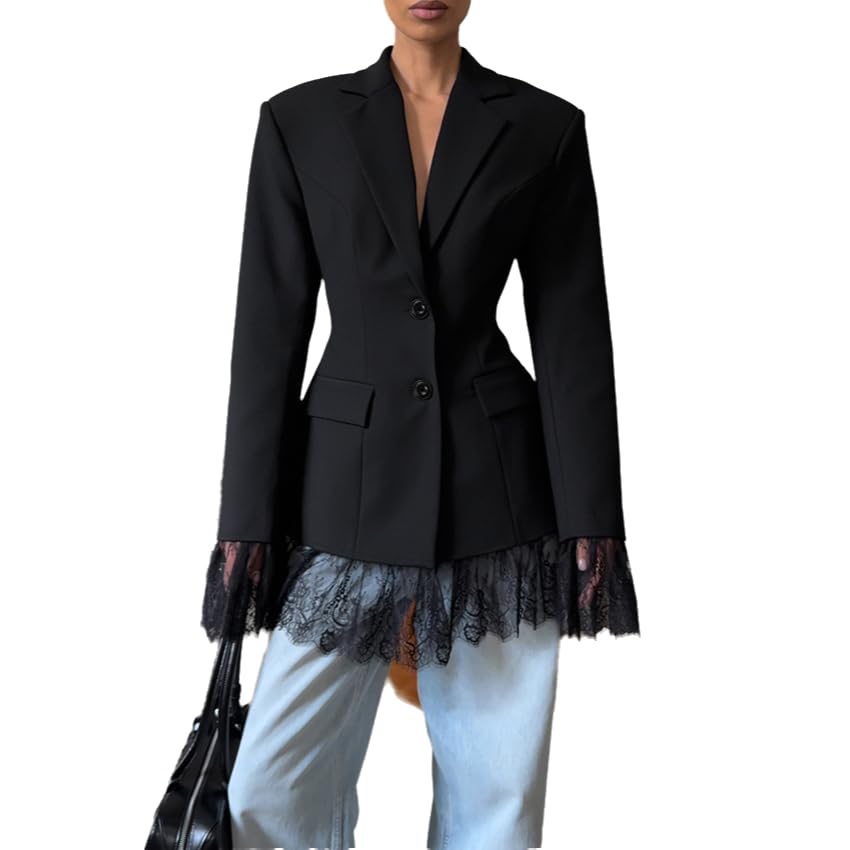 Womens Black Lace Panel Blazer Long Sleeve Lapel Buttoned Suit Jacket Casual Fall Party Office Commuter Coat