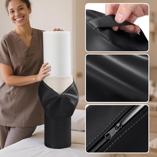 Image of Noverlife Full Round Bolster Pillow for Legs, 26 x 6 inch PU Leather Bolster for Massage Table with Strap Handle Under Knee Pillow, Under Back Ankles Pain Relief Massage Table Bolster for Yoga & Spa
