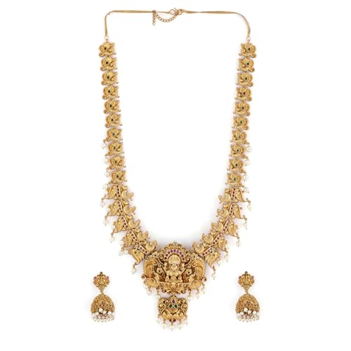 Image of Rubans 22K Gold-Plated Ruby Pink, Emerald & CubicZicronia Divine Lakshmi Temple NecklaceSet