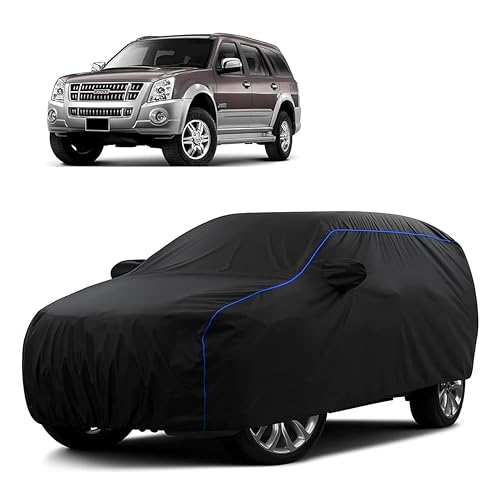 Image of Sulfar 100% Water Resistant Car Body Cover Compatible with Mirror for Isuzu MU7 (Triple Stitched, Full Bottom Elastic, Black Tafetta with Blue Piping)