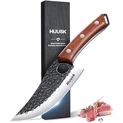 Huusk Viking Knife, Japanese Butcher Knife for Meat Cutting, Hand Forged Boning Knives with Ergonomic Wood Handle, High Carbon Steel Japanese Chef Knifes for Camping, BBQ, Knives for Men's Gifts