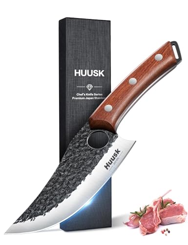 Huusk Viking Knife, Japanese Butcher Knife for Meat Cutting, Hand Forged Boning Knives with Ergonomic Wood Handle, High Carbon Steel Japanese Chef Knifes for Camping, BBQ, Knives for Men's Gifts