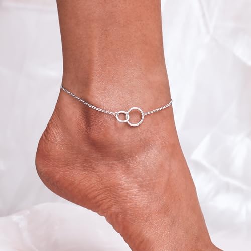 Image of CHIC & ARTSY 925 Sterling Silver Ankle Bracelets for Women, Adjustable Double Layer Chain Anklets, Minimalist Lightweight Foot Jewelry for Beach & Everyday Wear