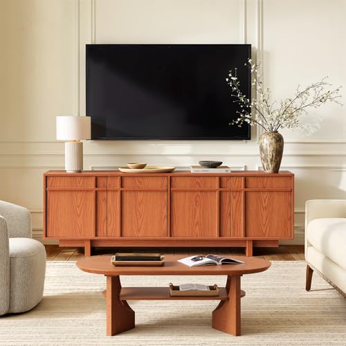 Image of TV Stand for 75 Inch TV, Mid Century Modern TV Stand with Skeletal Lines Design, Wood Grain Finish, Media Console with Storage, 65.6 inch Entertainment Center for Living Room, Bedroom, Cherry
