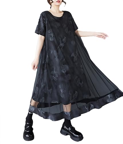 ellazhu Women's Dress Crewneck Short Sleeve Floral Printing Tulle Patchwork Flowy Hem GZ513