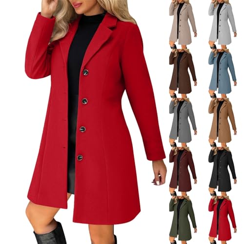 Tatumaie long jackets for women Pea Coats For Women Wool Blend Thicken Stand Collar Single Breasted Trench Coat Fashion A-Line Fall Winter Jackets with Pockets Red XL