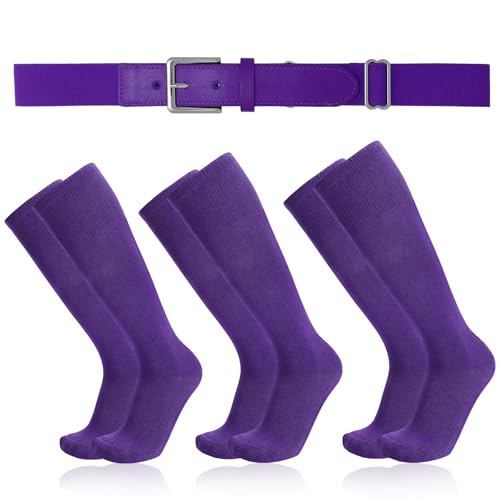 Baseball Socks and Belt Combo for Youth Adult - Softball Sock and Belt for Girls and Boys (Deep Purple 3 Pairs of Socks & 1 Belt)