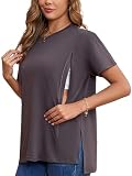 Ecavus Women's Oversized Nursing Shirts for Breastfeeding with Hidden Zipper Short Sleeves Side Splits Maternity Tops Deep Gray