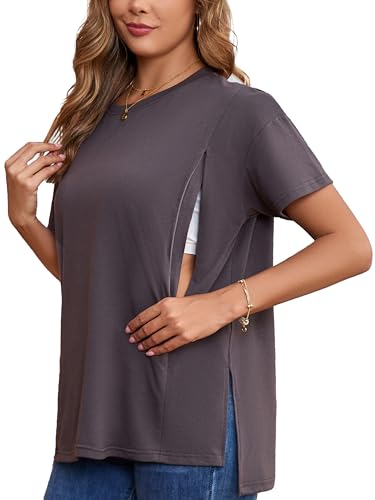 Image of Ecavus Women's Oversized Nursing Shirts for Breastfeeding with Hidden Zipper Short Sleeves Side Splits Maternity Tops