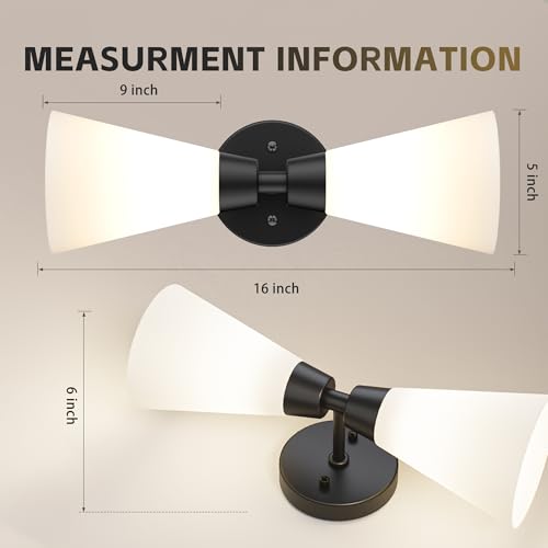 Image of Bathroom Sconces Set of 2, Matte Black Wall Sconces Set of Two, Bathroom Vanity Light with Milk Glass Shade, Modern Wall Light Fixtures for Bath Mirror Hallway Bedroom Living Room Kitchen, Hardwired