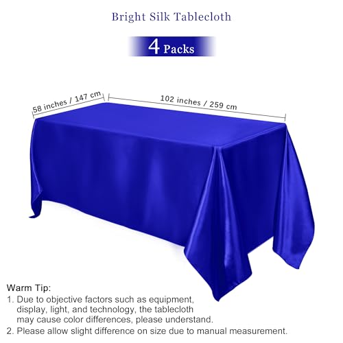 Image of TURSTIN 4 Pack Royal Blue Satin Tablecloth 102 x 58'' Overlay Table Cover