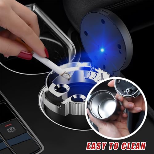Image of Dickno Car Ashtray with Lid, Detachable Stainless Smokeless Auto Ashtray, Portable Mini Vehicle Trash Can with LED Blue Light, Universal Interior Accessories for Cup Holder (Silver)