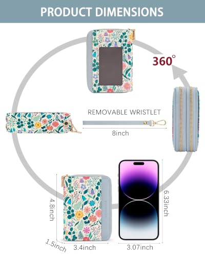 Image of Wildflower Credit Card Holder for Women,Accordion Wallet | RFID Blocking Card Wallet, Vegan Leather with Wristlet, dual independent zipper compartments,17 Card Slots