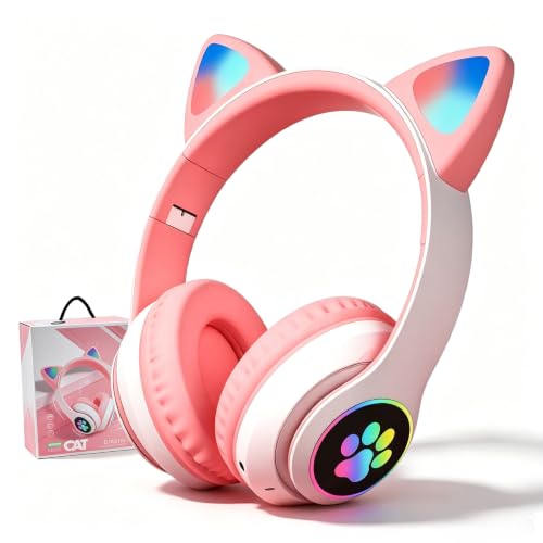 YUSONIC Cat Ear Bluetooth Headphones for Kids & Adults Wireless Foldable & Wired Multi-Function LED Light Up Over Ear Headphones with Mic and Volume Control for iPhone/iPad/Laptop/PC (White 2)