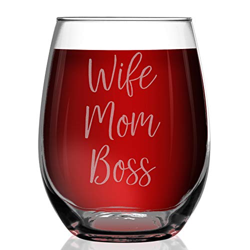 Shop4Ever Wife Mom Boss Laser Engraved Stemless Wine Glass ~ Mother's Day Gift