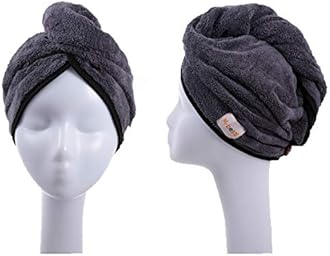 2 Pack Hair Drying Towels, Anti-frizz Hair Towel Wrap, Absorbent Microfiber Hair Towel Turban with Button Design for Straight Curly Hair (Dark Gray&Light Gray)