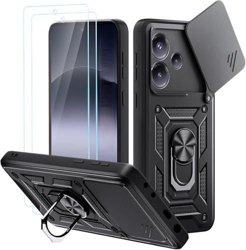 PIXFAB Funda para Honor X5C Plus con 2 protectores de pantalla de vidrio templado, a prueba de golpes, con protección de lente de cámara, funda protectora Ring Armour con soporte, color negro