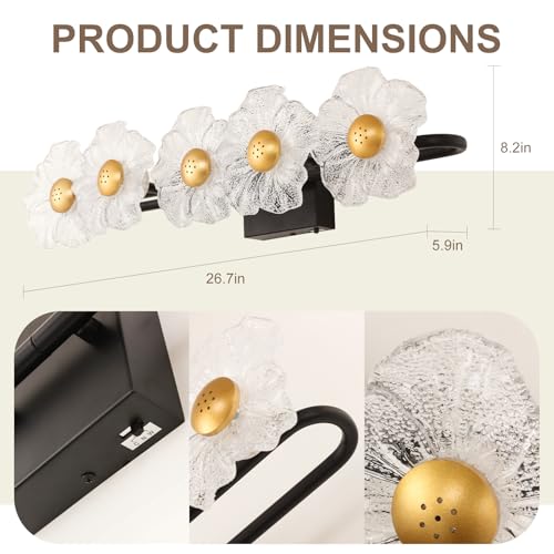 Image of MantoLite 26.7'' Bathroom Light Fixtures Modern Vanity Light Over Mirror Adjustable 3000K-6000K Picture Lights Art Light with Floral Clear Glass Shades for Living Room Bedroom (5 Light Black)