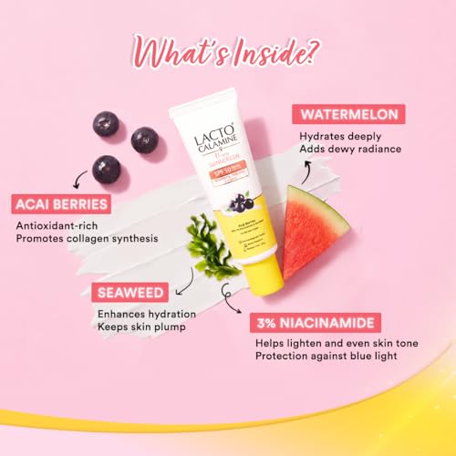 Image of Lacto Calamine Dewy Glow Lightweight Sunscreen SPF 50 PFA +++ UVA & UVB Protection-Oily Skin | Acai Berries, Niacinamide & Watermelon | Dermatologically Tested | 50g each - Pack of 2
