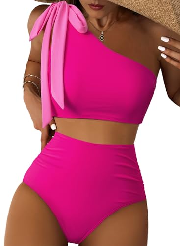 Herseas Women's One Bow Shoulder Bikini Sets 2 Piece Ruched Swimsuit Elegant Bathing Suit