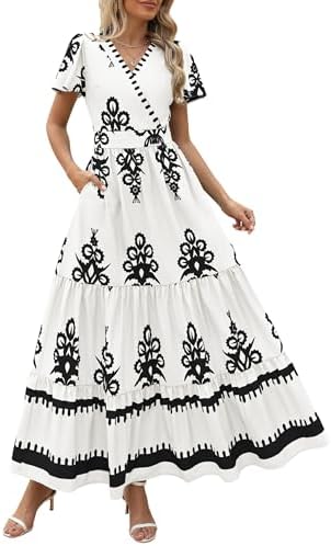 PRETTYGARDEN Womens 2025 Summer Casual V Neck Boho Maxi Dress Flowy Aline Bell Sleeve Tiered Floral Dresses with Pocket