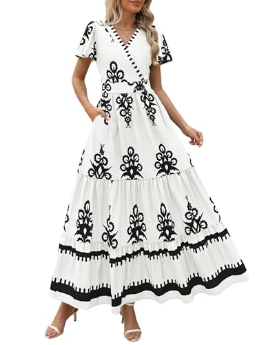 Image of PRETTYGARDEN Womens 2026 Summer Casual V Neck Boho Maxi Dress Flowy Aline Bell Sleeve Tiered Floral Dresses with Pocket