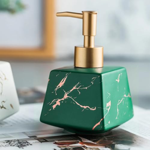 Image of Luxury Ceramic Soap Dispenser (Luxe Green) - 300 ml Matte Glazed with Gold Marbling Triangular Refillable Lotion & Handwash Pump Bottle for Bathroom, Kitchen Sink & Wash Basin Decor
