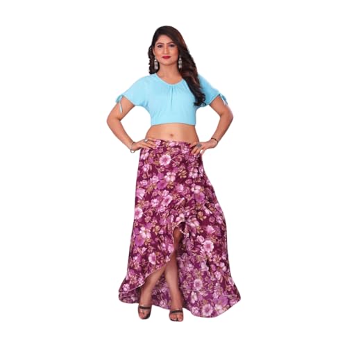 Image of JYESHTA Floral Print American Crepe Wrap Skirt with Ruffle Hem, Elastic Waistband (M, Flower Pink)
