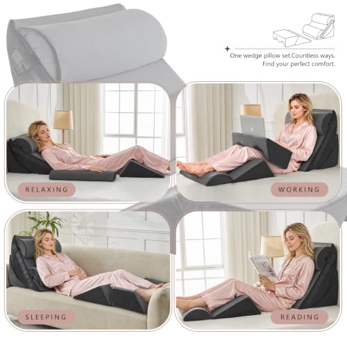 6-Piece Upper Body Rest Wedge Pillow Set for Post-Surgery, Grey Orthopedic Memory Foam Support, Elevated for Recovery and Sleep, Adjustable Angles for Shoulder Back Leg Relief Acid Reflux - image 7
