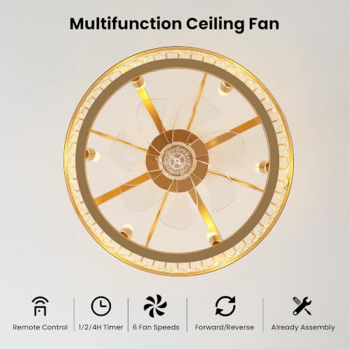 Image of 20 inch Gold Crystal Caged Ceiling Fan with Light, Modern Industrial Chandelier with Remote, 6 Speeds, Noiseless DC Motor, Enclosed Fandelier for Living Room Bedroom Nursery
