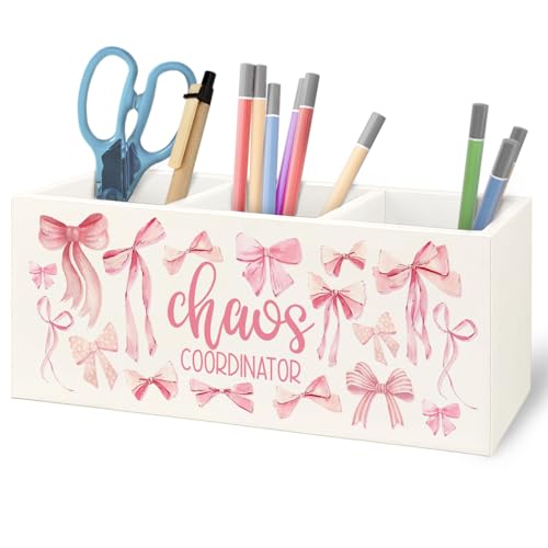 Image of Thank You Appreciation Gifts for Women Boss Coworker Manager Nurse Employee Social Workers Wooden Pen Pencil Holder,Coquette Pink Bow Chaos Coordinator Makeup Brush Toothbrush Holder Organizer