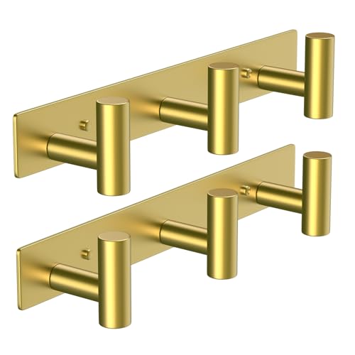 Image of VAEHOLD Hat and Coat Wall Mount Rack - Hooks for Robes, Bags, Keys, and Towels - Bathroom Towel Hanger Organizer (Gold, inchT inch Shape 3 Hooks 2 Pack)