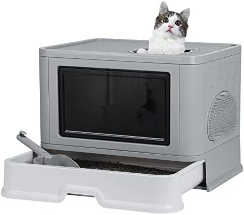 PINPON Cat Litter Box with Lid Foldable Covered Litter Box with Shovel & Rubbing Brush Drawer Type Large Litter Box for Indoor Cats