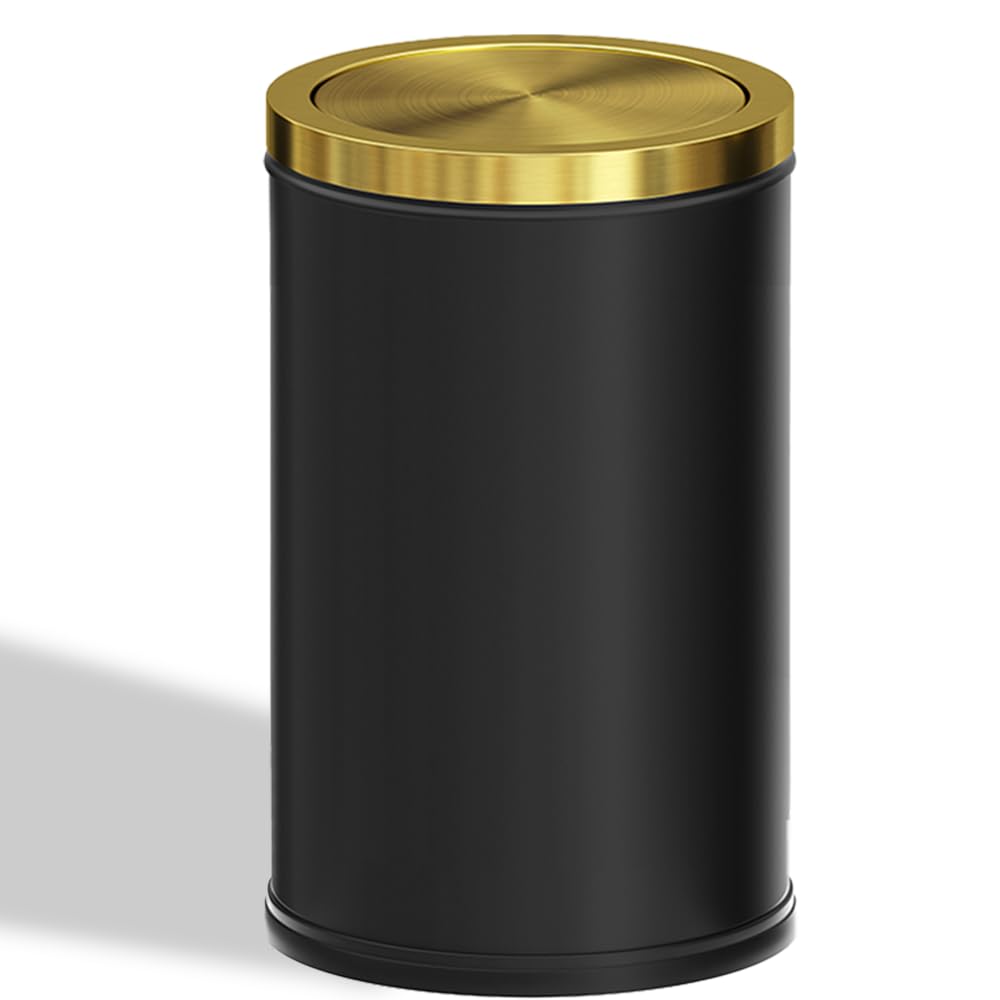 4.7 gallon/18l stainless steel bathroom trash can,black and gold garbage bin with swing lid,round,elegant waste basket,for toilet,kitchen,living room,hotel,home (18l-black)