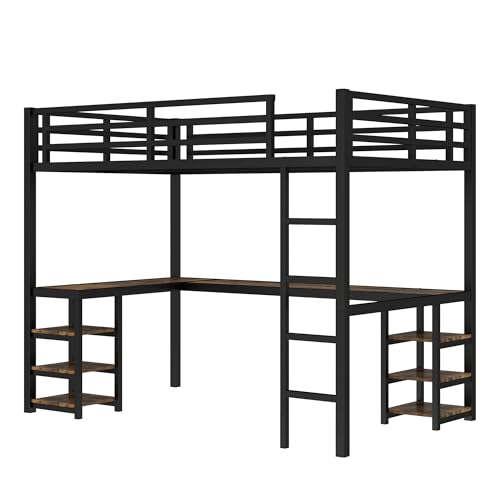 Image of Twin XL Metal Loft Bed with Desk and Shelves, L-Shaped Frame with Ladder and Twin-Length Guardrails, Space-Saving Bed for Bedroom, White