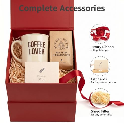 Image of LIFELUM Red Gift Box with Lid 7 x 7 x 7 inch, 1 Pack Magnetic Gift Box for Presents Includes Greeting Card, Ribbon and Paper Filler for Christmas, Birthday, Wedding, Baby Shower