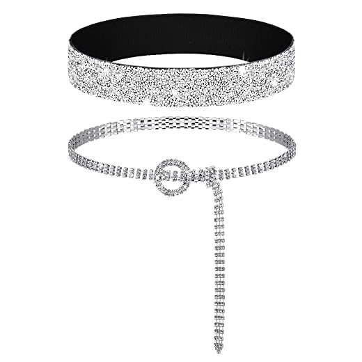 Pangda 2 Pcs Women Stretchy Rhinestone Dress Glitter Belts O Ring Buckle Bling Diamond Belts for Women Shiny Party